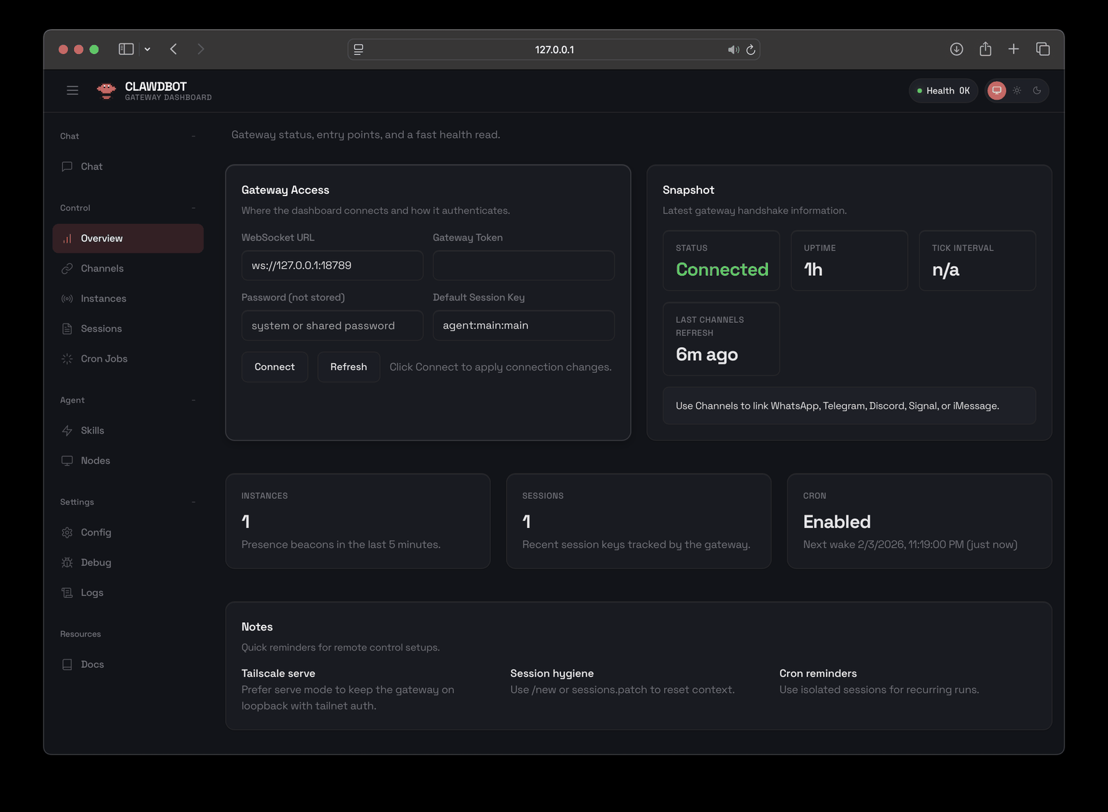 The Clawdbot gateway dashboard, connected and healthy