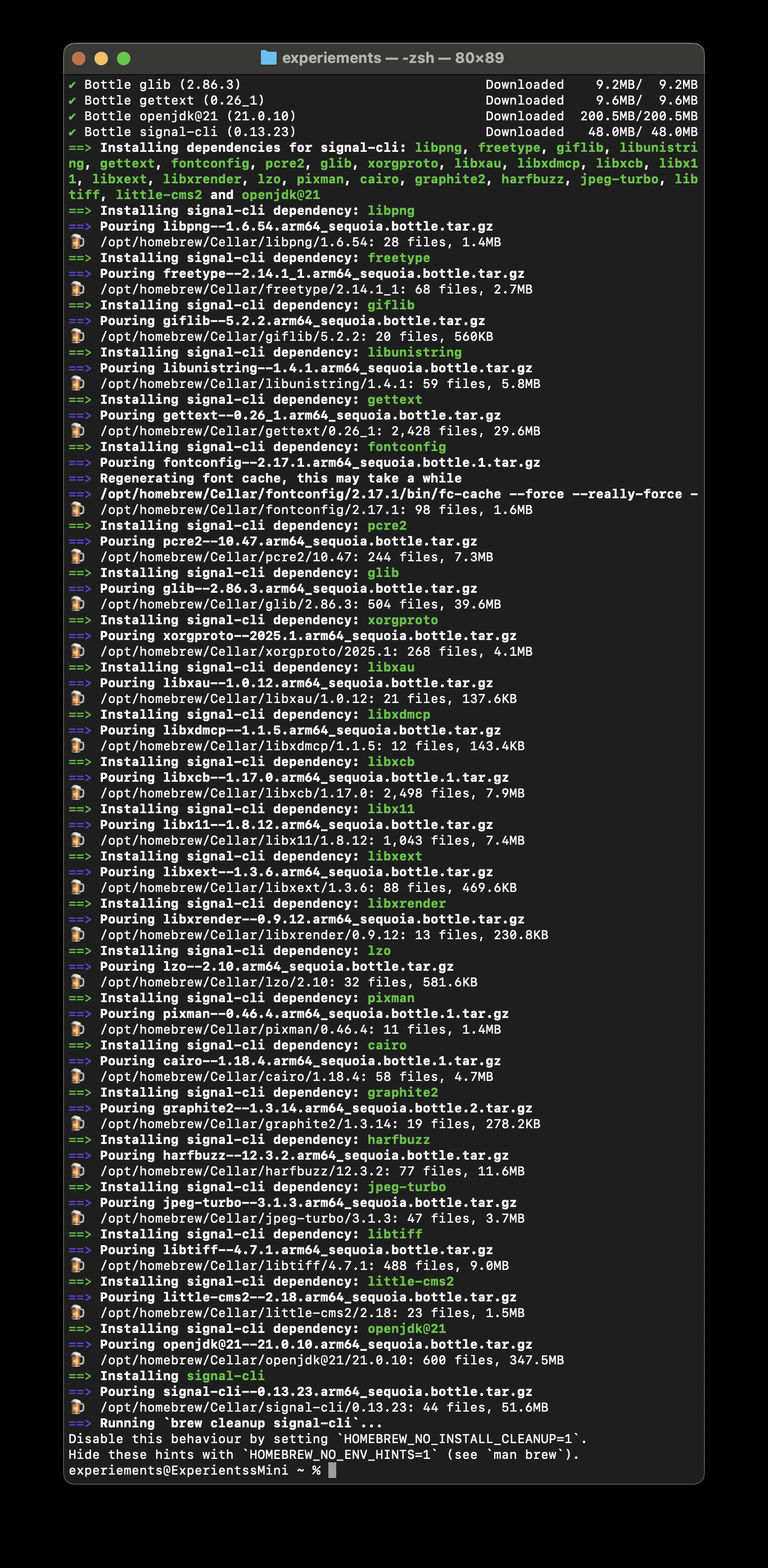 Homebrew pouring signal-cli and a long chain of dependencies in the terminal