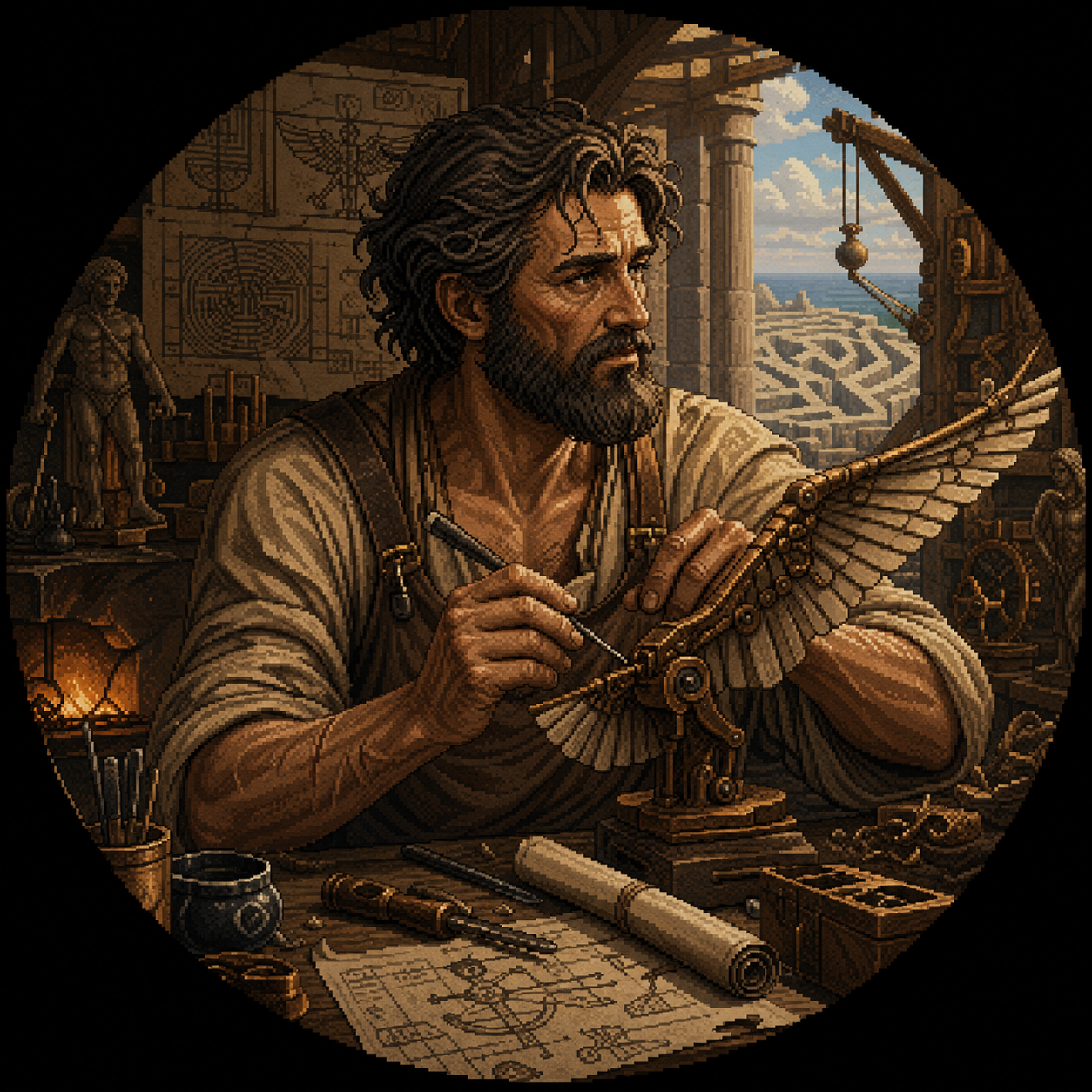 Daedalus, the master builder: a pixel-art craftsman in an ancient workshop shaping a mechanical wing, a labyrinth visible through the window