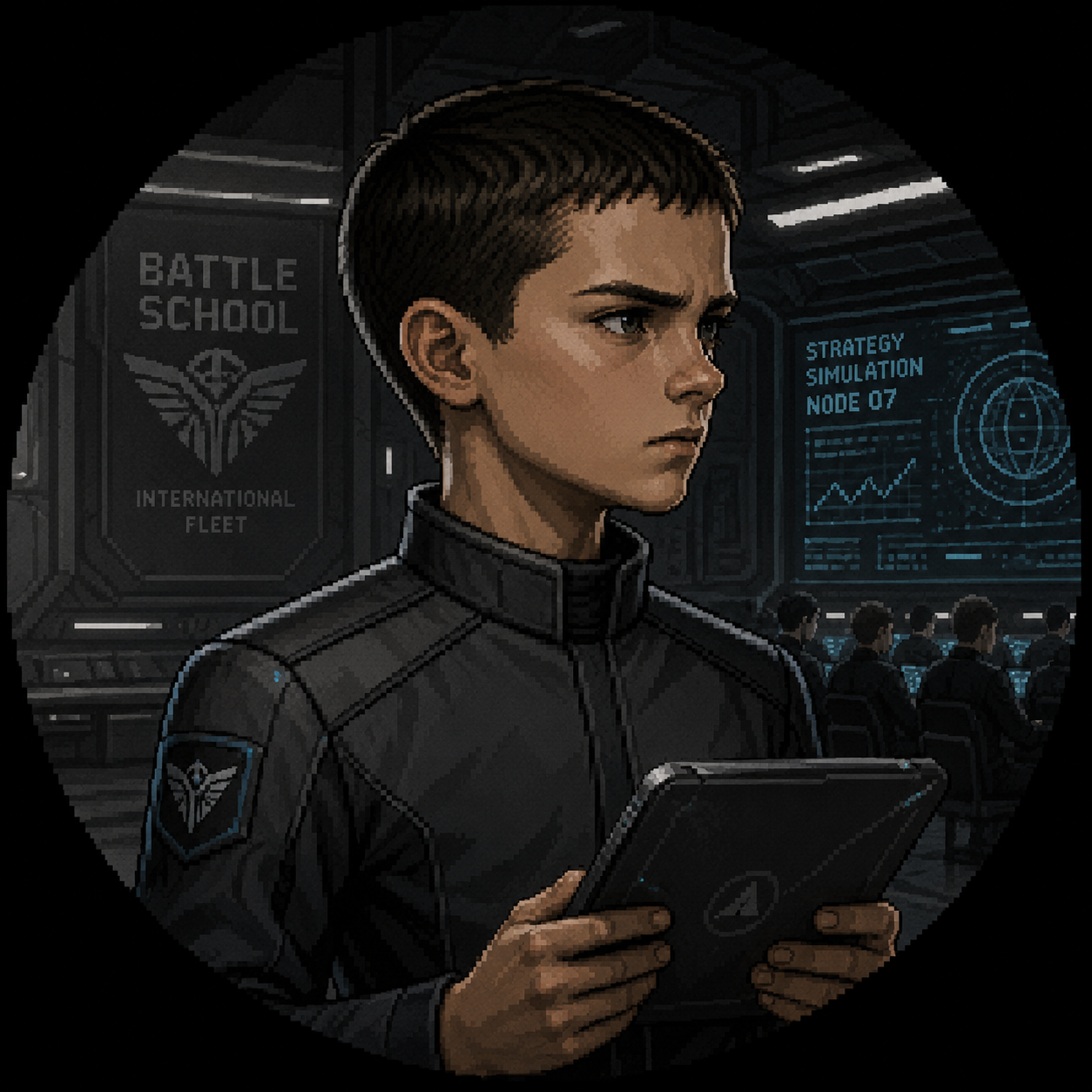 Ender, the tactical operator: a pixel-art young commander in a Battle School uniform studying a strategy simulation on a tablet