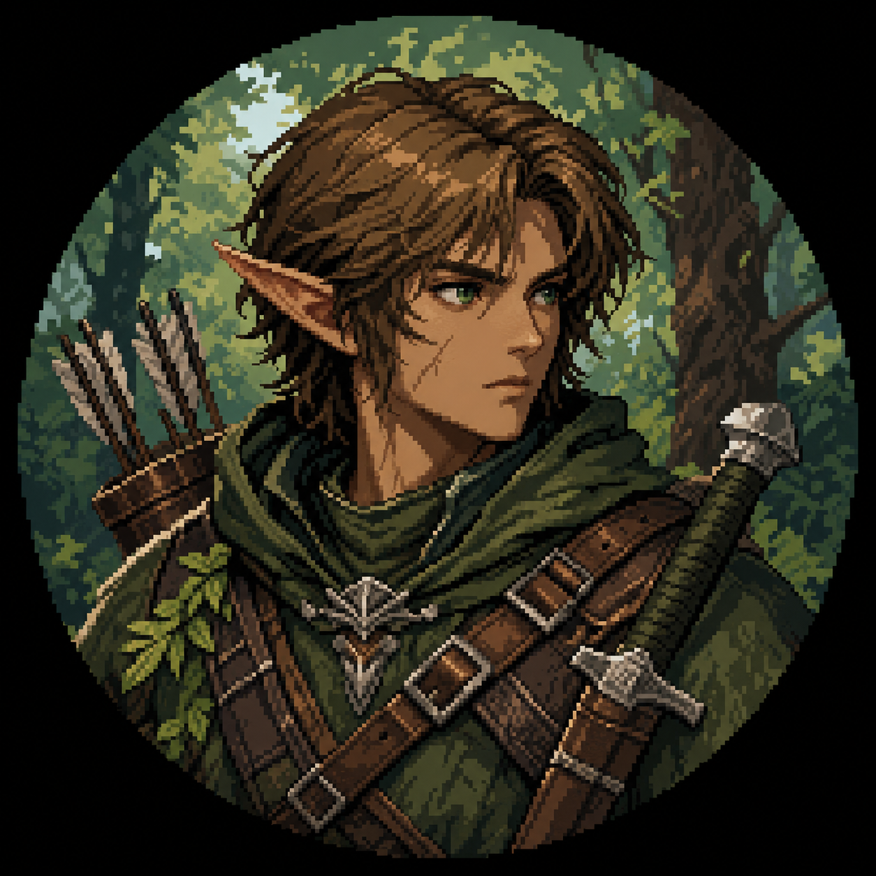 Link, the capable scout: a pixel-art elf ranger with a quiver of arrows and a green cloak in a sunlit forest