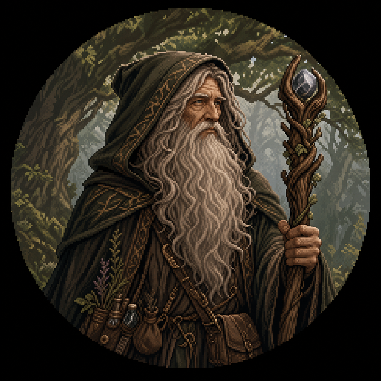 Merlin, the wise guide: a pixel-art wizard with a long white beard and a gnarled staff, standing in a mossy forest