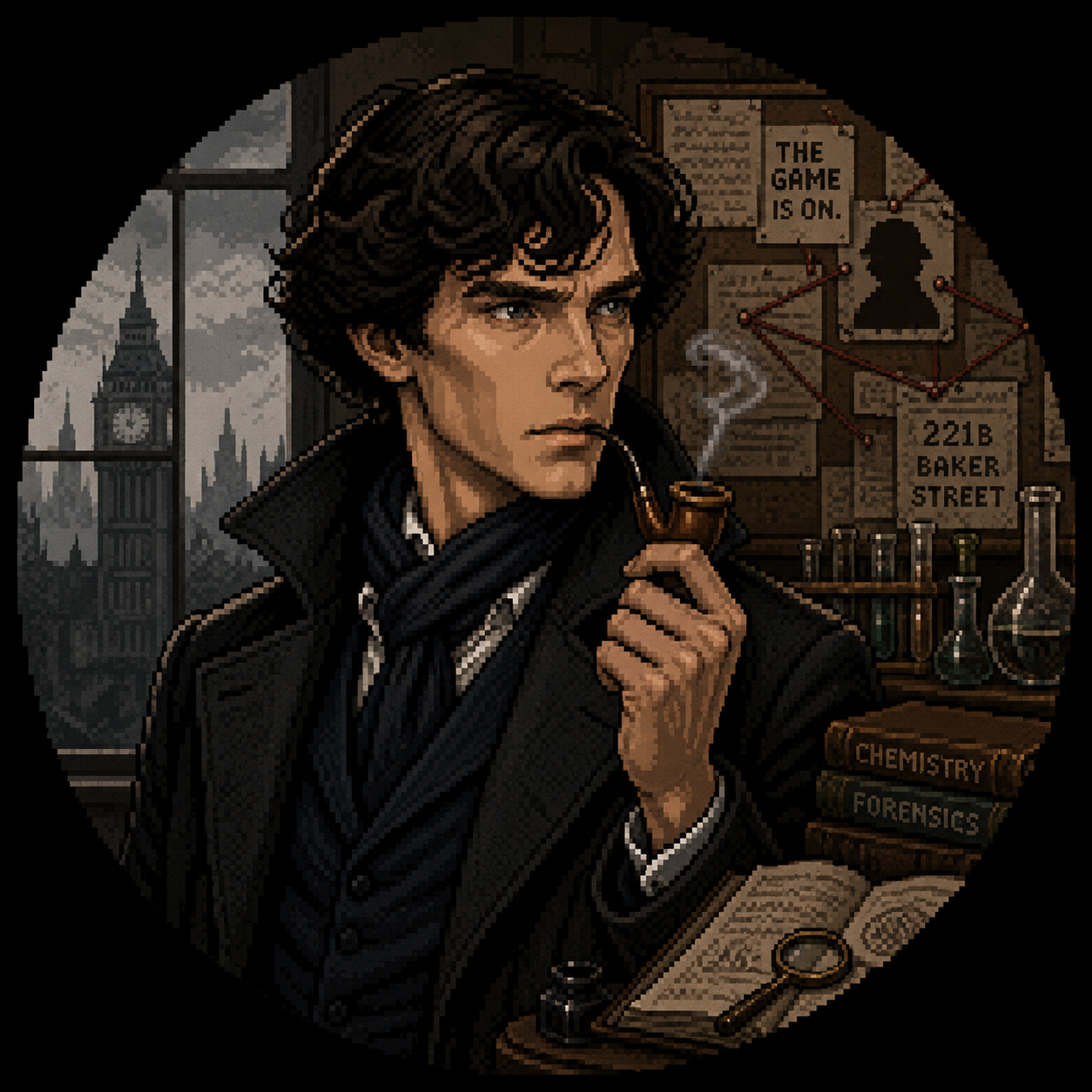 Sherlock, the master detective: a pixel-art Victorian sleuth with a pipe at a cluttered Baker Street desk, Big Ben through the window
