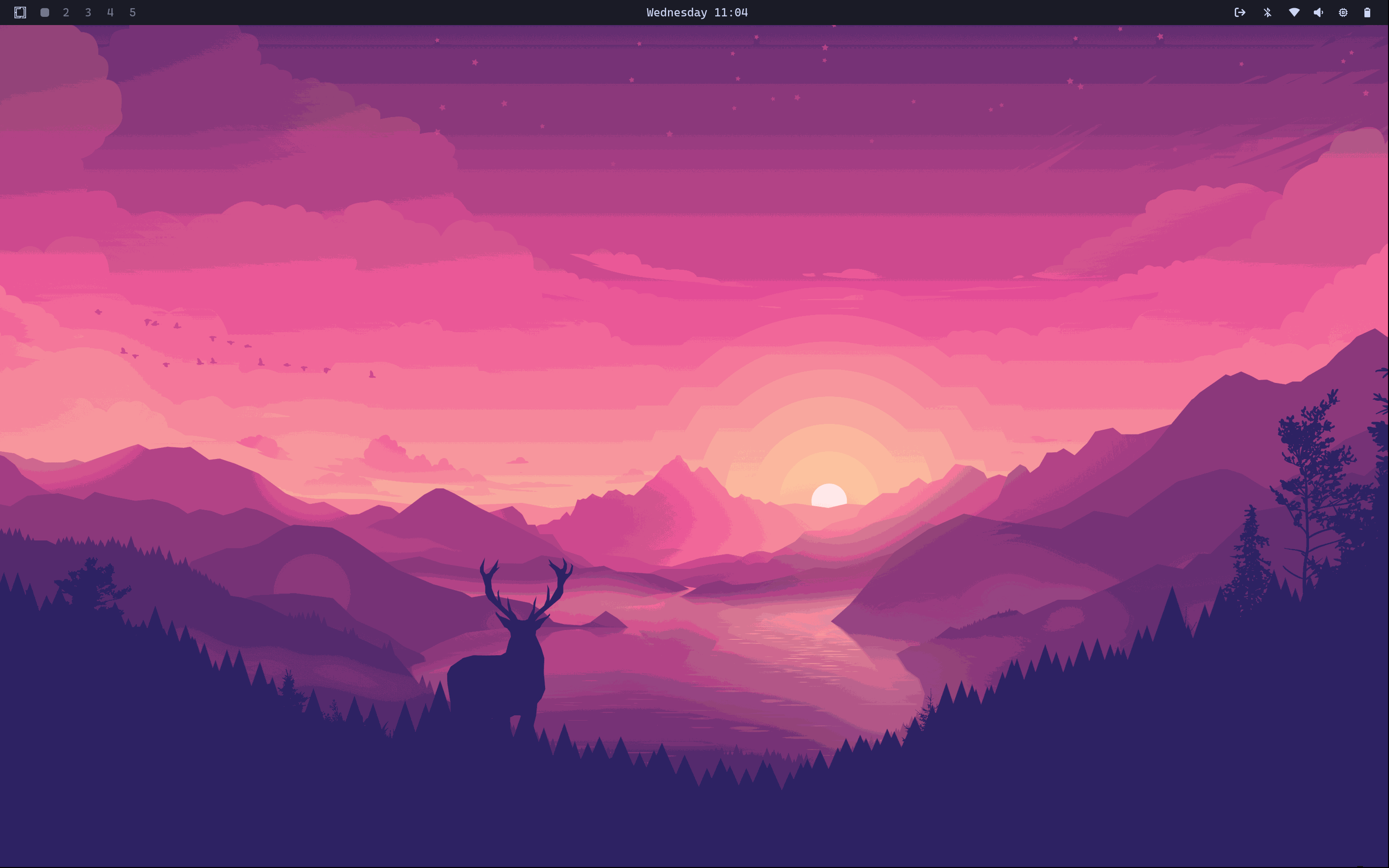 The Omarchy desktop: a minimalist pink-and-purple mountain sunset with a stag, and a tiling window manager's top bar