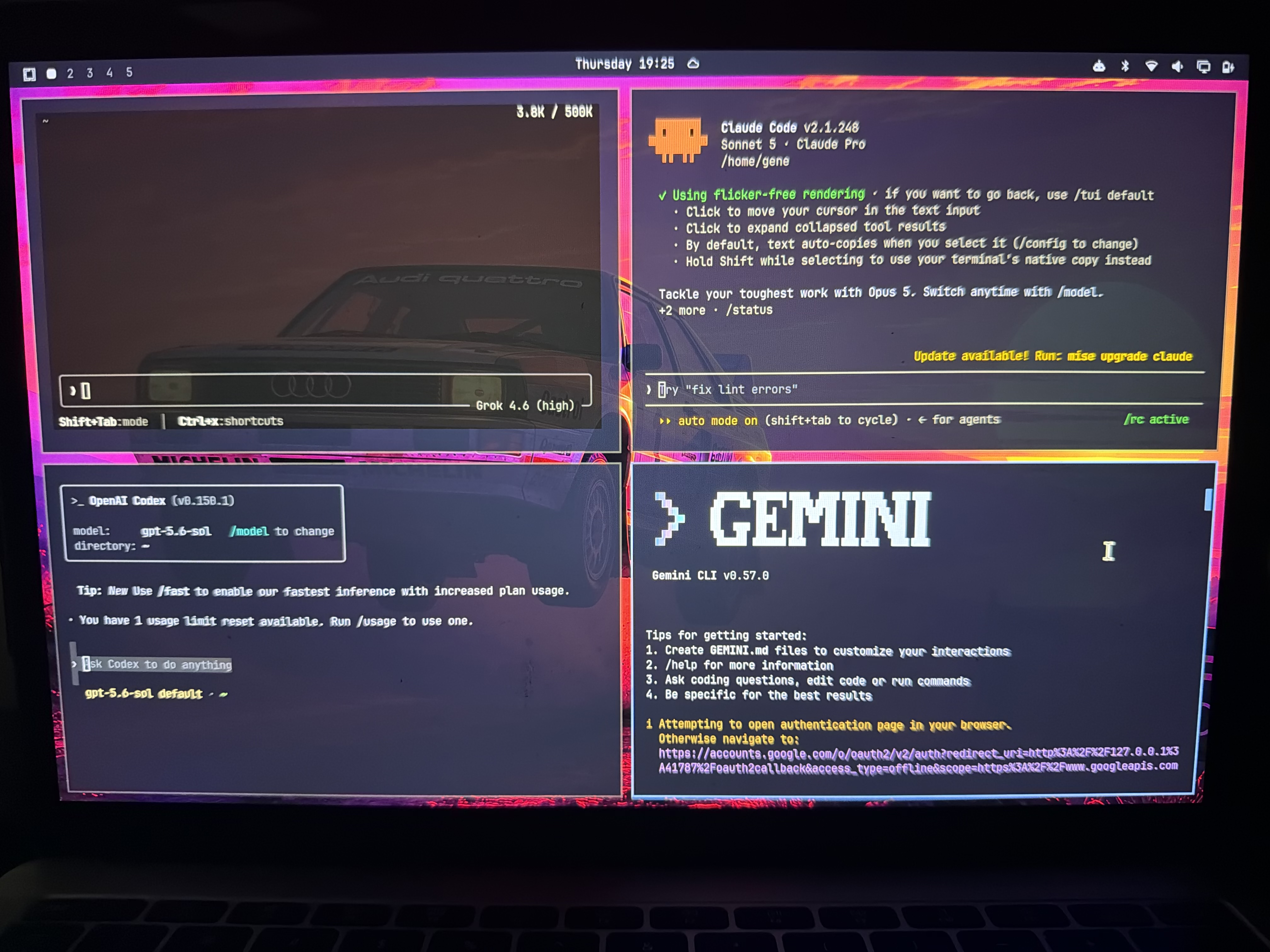Four AI coding CLIs tiled on the Omarchy desktop at once: Claude Code, OpenAI Codex, Gemini, and Grok